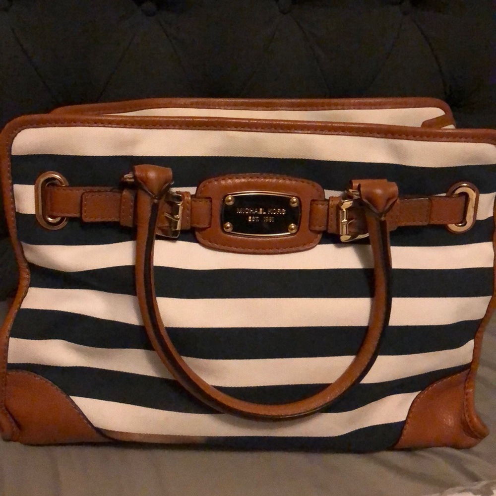 Michael Kors Black and White Striped Tote with Brown Accents